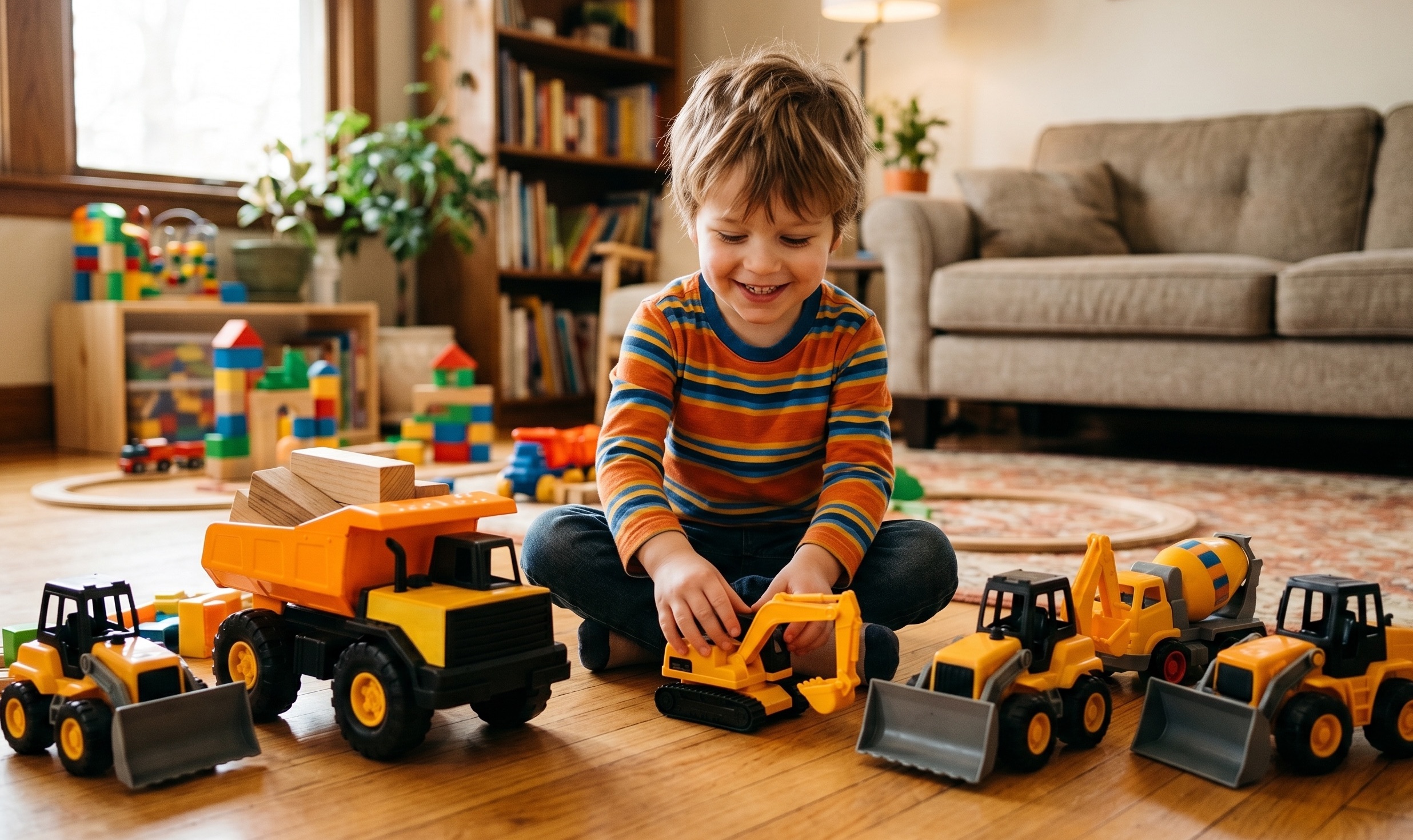 Boy playing with toy trucks Boy with construction trucks