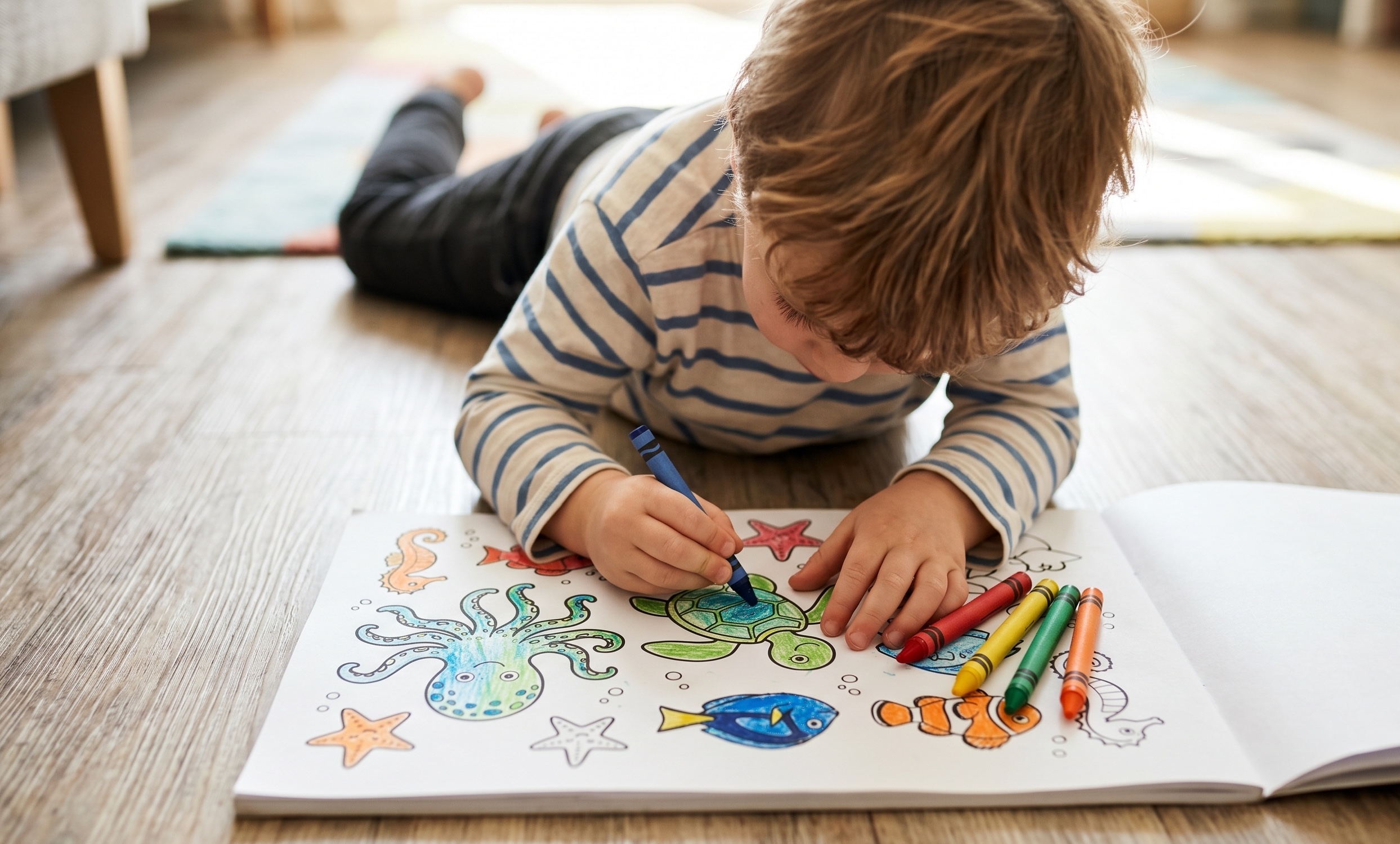 Child coloring a page of sea creatures Child coloring ocean animals