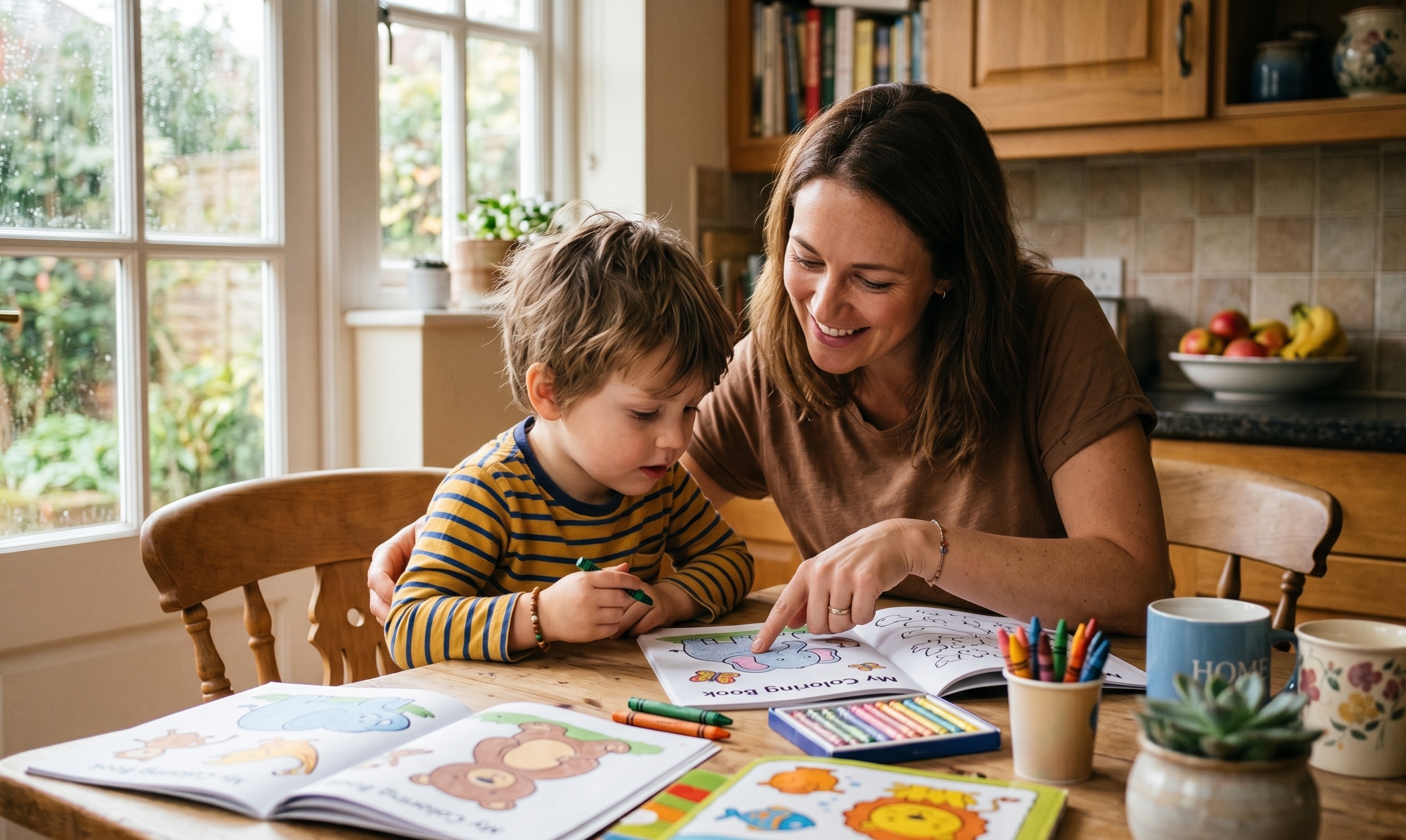 Parent and child looking at coloring books Parent and child choosing a coloring book