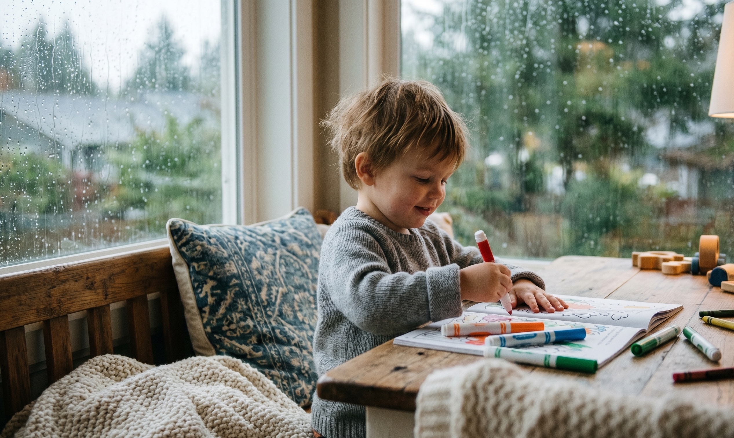 Rainy day coloring activity Child coloring at a table by a rainy window